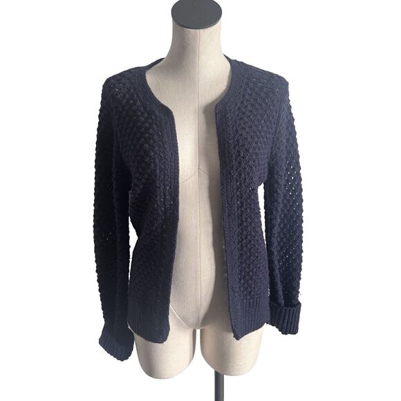 L.L. Bean Navy Blue Wool Rabbit Hair Blend Open Knit Cardigan Sweater Medium - Picture 1 of 8